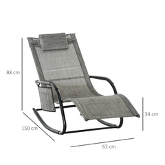 Kozy Outdoor Garden Rocking Chair, Patio Sun Lounger Rocker Chair with Breathable Mesh Fabric, Removable Headrest Pillow, Armrest, Side Storage Bag, Dark Grey
