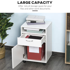 Kozy 60cm Filing Cabinet with Drawer, Open Shelf, Metal Handles and 4 Wheels, Office Home Organiser Mobile Printer, White