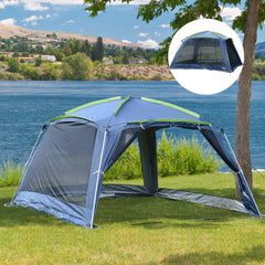 Outsunny Portable Camping Tent, 5-8 Person Dome Tent, Outdoor Screen House, Sun Shelter, 360°x355x215cm, Dark Blue/Green
