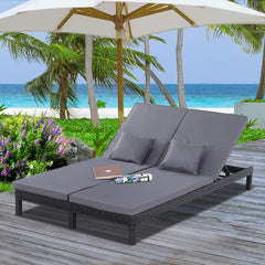 Kozy 2 Seater Rattan Lounger Adjustable Double Chaise Chair Loveseat w/ Cushion Black