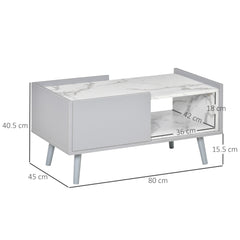 Kozy White Coffee Table with Faux Marble Top, 2-Tier Wood Center Table Sofa Table with Storage Drawer and Shelf for Home Living Room Reception Room