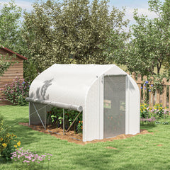 Outsunny 3 x 2m Walk-in Polytunnel Greenhouse, Zipped Roll Up Sidewalls, Mesh Door, Mesh Windows, Tunnel Warm House Tent w/ PE Cover, White | Aosom UK