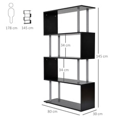 Kozy S Shape Bookcase, 5 Tiers Bookshelf, Modern Freestanding Storage Shelf for Home Office, Study, Living Room, 80 x 30 x 145cm Black