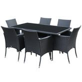 Kozy 6 Seater Rattan Dining Set with Cushions, Rattan Garden Furniture Set with 6 Armchairs, Rectangular Glass Top Table, Outdoor Dining Table and Chairs, Black