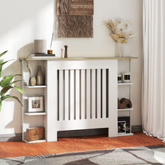 Kozy Radiator Cover with Open Storage Shelves, Vertical Slatted Cabinet Shelf Heater Cover for Living Room, Hallway, Medium, White (H: 83 / W: 124 / D: 19 cm)