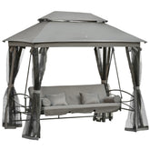 Kozy 3 Seater Swing Chair 3-in-1 Convertible Garden Swing Seat Bed Gazebo Patio Bench Outdoor with Double Tier Canopy, Cushioned Seat, Mesh Sidewalls, Grey