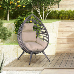 Kozy Garden Egg Chair, Teardrop Outdoor PE Rattan Chair with Full-body Soft Padded Cushion, Grey