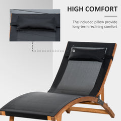 Kozy Ergonomic Patio Lounge Chair Wooden Outdoor Chaise w/ 3 Adjustable Back and Removable Headrest Pillow for Garden Black