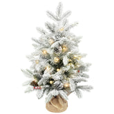 Kozy 60 cm Prelit Small Christmas Tree with 35 LED Lights, Snow Flocked Tabletop Mini Xmas Tree with Pine Cones, Berry Clusters and Linen Cover Base, Battery Operated, Green