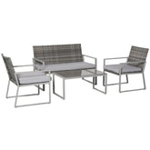 Outsunny Rattan Garden Furniture Set, 4-Seater, 2 Single Sofa Armchairs, 1 Bench, Cushions, Coffee Table, Wicker Weave, Patio Backyard