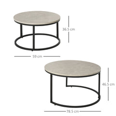 HOMCOM 2 Pcs Stacking Coffee Table Set w/ Steel Frame Marble-Effect Top Foot Pads Nest of Tables Storage Display Black/Grey