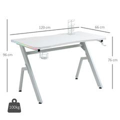 Kozy RGB 120 x 66cm Gaming Desk, Computer Table with Carbon Fibre Surface, Headphone Hook, Cup Holder, Controller Rack, Home Office Desk, White