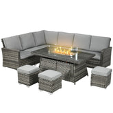 Outsunny 9-Seater PE Rattan Garden Furniture Set, 50,000 BTU Gas Fire Pit Table, Double Corner Sofa, 3 Footstools, Grey