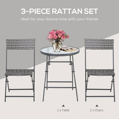 Kozy 3 Pieces Rattan Bistro Set, Wicker Folding Garden Furniture Set with Glass Top Coffee Table and Chairs for Outdoor, Patio, Balcony, Grey