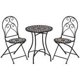 Kozy 3 Pieces Garden Bistro Set with Coffee Table and 2 Folding Single Chairs, Mosaic Garden Table Top and Seats, Metal Frame, for Patio Balcony, Black