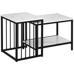 HOMCOM Nest of Tables, Set of Two Marble-Effect Coffee Tables with Steel Frame, White and Black | Aosom UK