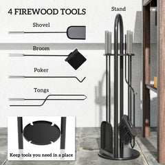 Kozy - 5 Pieces Fireplace Tools Set, Metal Fireplace Accessories Fireside Companion Set with Broom, Shovel, Poker and Bucket, Silver