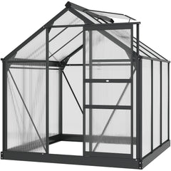 Kozy 6 x 6ft Polycarbonate Greenhouse, Large Walk-In Green House with Slide Door and Window, Garden Plants Grow House with Aluminium Frame and Foundation, Grey