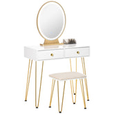 Kozy Dressing Table with LED Mirror and Cushioned Stool, Vanity Desk with Acrylic Lipstick Holder and 2 Drawers, Makeup Table for Bedroom, White