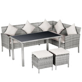Kozy 6-Seater Rattan Dining Set Sofa Table Footstool Outdoor w/ Cushion Garden Furniture