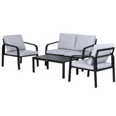 Kozy 4pcs Garden Sofa Set 2 Single Armchair, 1 Bench & 1 Coffee Table Set Aluminum Frame Patio Furniture with Cushions, Black