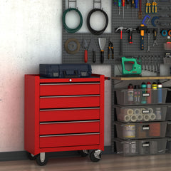 Kozy 5 Drawer Tool Box on Wheels, Lockable Steel Tool Cabinet with Side Handle, Red