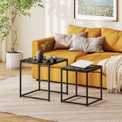 Kozy Nest of Tables, Set of 2 Coffee Table, Side Tables with Tempered Glass Desktop and Metal Frame for Living Room, Bedroom, Office, Black