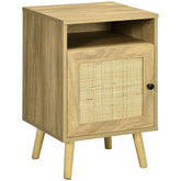 Kozy Bedside Table with Rattan Element, Side End Table with Shelf and Cupboard, 39cmx35cmx60cm, Natural
