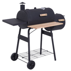 Kozy Portable Charcoal BBQ Grill, Cold-rolled Steel, Solid Wood, 104H x 124L x53W cm-Black
