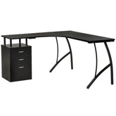Kozy L-Shaped Computer Desk Table with Storage Drawer, Home Office Desk Corner Industrial Style Workstation for A4 Files 143.5 x 143.5 x 76cm, Black