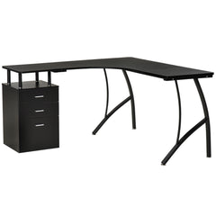 Kozy L-Shaped Computer Desk Table with Storage Drawer, Home Office Desk Corner Industrial Style Workstation for A4 Files 143.5 x 143.5 x 76cm, Black