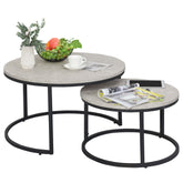 HOMCOM 2 Pcs Stacking Coffee Table Set w/ Steel Frame Marble-Effect Top Foot Pads Nest of Tables Storage Display Black/Grey