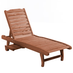 Kozy Outdoor Wooden Lounger Chair, Sun Bed with Built-In Table, Adjustable Backrest and Wheels, Red Brown