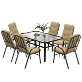 Outsunny 7 Piece Garden Dining Set, Outdoor Dining Table and 6 Cushioned Armchairs, Tempered Glass Top Table w/ Umbrella Hole, Texteline Seats, Beige