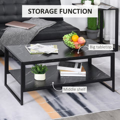 Kozy Coffee Table, Two-Tier Faux Marble Effect Centre Table with Metal Frame and Storage Shelf for Living Room, 106 x 50 x 45cm, Black