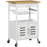 Kozy Rolling Kitchen Island Trolley Utility Cart on Wheels with Bamboo Table Top, Storage Cabinet, Drawer and Wire Basket