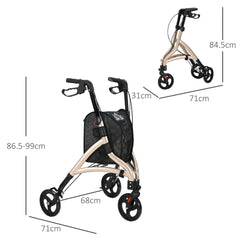 HOMCOM 3 Wheel Rollator, Lightweight Aluminium Tri Walker with Adjustable Handle, Storage Bag and Dual Brakes, Folding Mobility Walking Aid