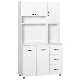 Kozy Kitchen Cupboard, 183cm Tall Storage Cabinet with Countertop, Sideboard with 3 Small Drawers, Flip Up Top Door, 3 Cabinet Doors and Open Shelves, 100W x 39.5D x 183.5H cm, White