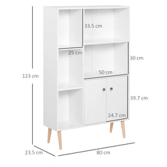 Kozy Sideboard Storage Cabinet Cupboard, Open Bookcase with 2 Doors 5 Compartments Wooden Modern Style for Living Room Bedroom Kitchen 80 x 23 x 123 cm, White