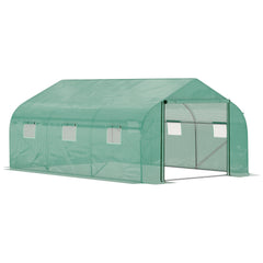 Kozy Walk-in Polytunnel Garden Greenhouse, Outdoor Mesh Door Greenhouse with PE Cover and 6 Windows, 4.5 x 3 x 2m, Green