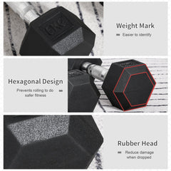 HOMCOM Rubber Dumbbell Sports Hex Weights Sets Home Gym Fitness Hexagonal Dumbbells Kit Weight Lifting Exercise (2 x 5kg) | Aosom UK