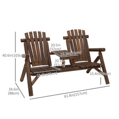 Kozy Wood Patio Chair Bench 2 Seats Jack and Jill Seat w/ Center Coffee Table, Garden Bench, Carbonized