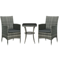 Kozy 3 Pieces Rattan Bistro Set, Wicker Garden Furniture Set with 2-Tier Coffee Table and Chairs, Washable Cushions, for Outdoor Patio Balcony, Mixed Grey