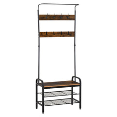 Kozy Coat Rack Stand Industrial hallway Shoe Rack Removable Hooks Metal Wood Hangers Storage Cabinet Rustic Brown 72L×34W×185H(cm)