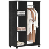 Kozy Open Wardrobe on Wheels, Bedroom Wardrobe with Clothes Hanging Rail, 3 Storage Shelves, Mobile Garment Rack for Cloakroom, Hallway, Black