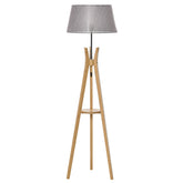 Kozy Natural Wood Tripod Floor Lamp Light E27 Base Bedroom Living Room Fabric Shade Storage Shelf Foot Switch, 156cm, Grey