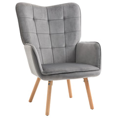 Kozy Modern Accent Chair, Upholstered Tufted Wingback Armchair with Seat Padding, Velvet Leisure Lounge Bedroom Chair with Wood Legs, Grey