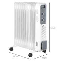 Kozy 2500W Oil Filled Radiator, 11 Fin, Portable Electric Heater with 3 Heat Settings, Safety Cut-Off and Wheels, White