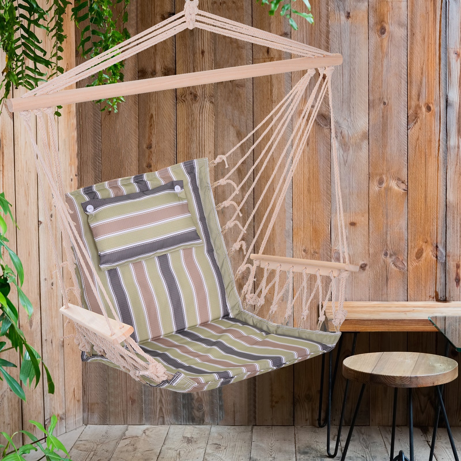 Outsunny Hanging Hammock Chair, Outdoor Garden Rope Swing with Wooden Arms, Wide Safe Seat, Stylish Multicoloured Stripes