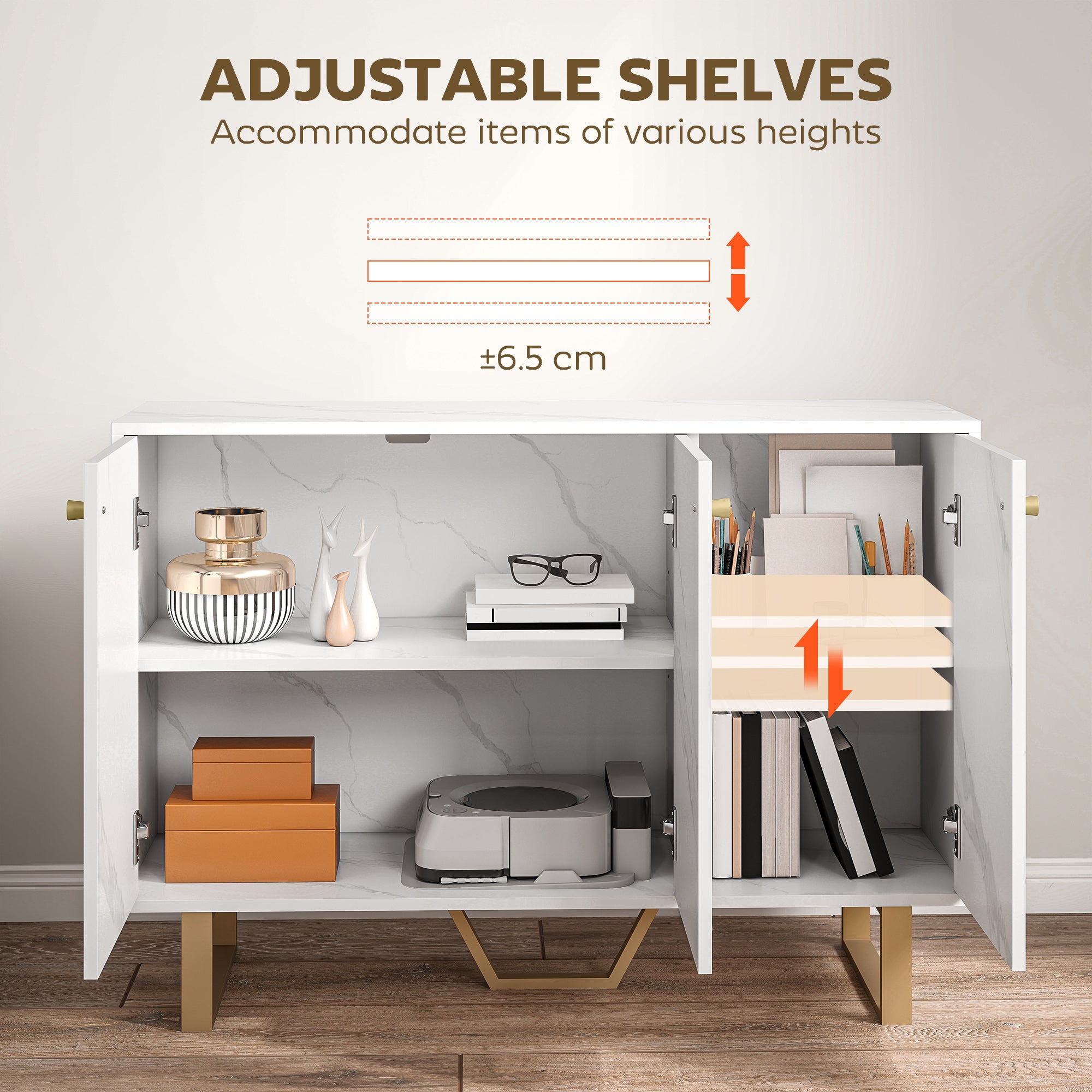 Kozy - Sideboard Storage Cabinet, Modern Storage Cupboard with Adjustable Shelves and Metal Legs for Living Room, Kitchen, Dining Room, Entryway, White Marble Tone